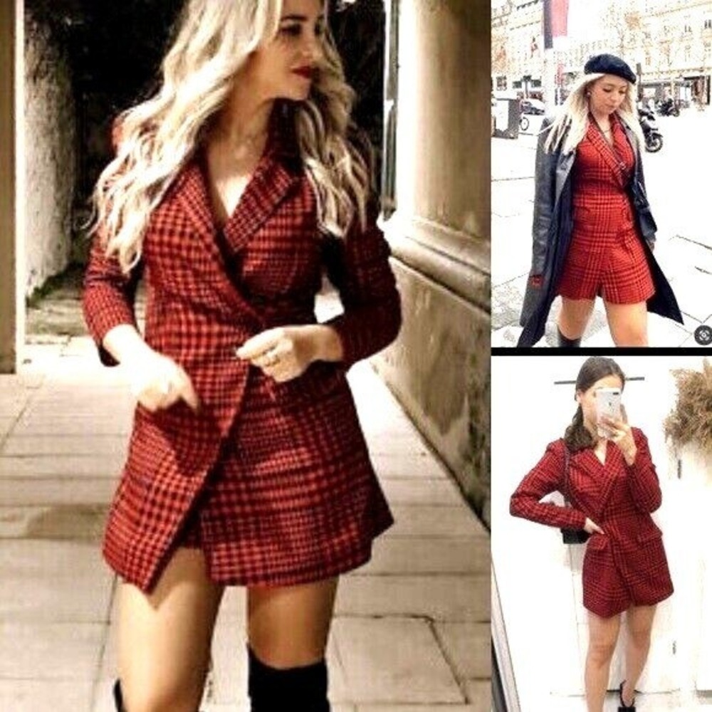 Zara Red Black Houndstooth Blazer Skort Romper Long Sleeve Plaid Holiday Medium
